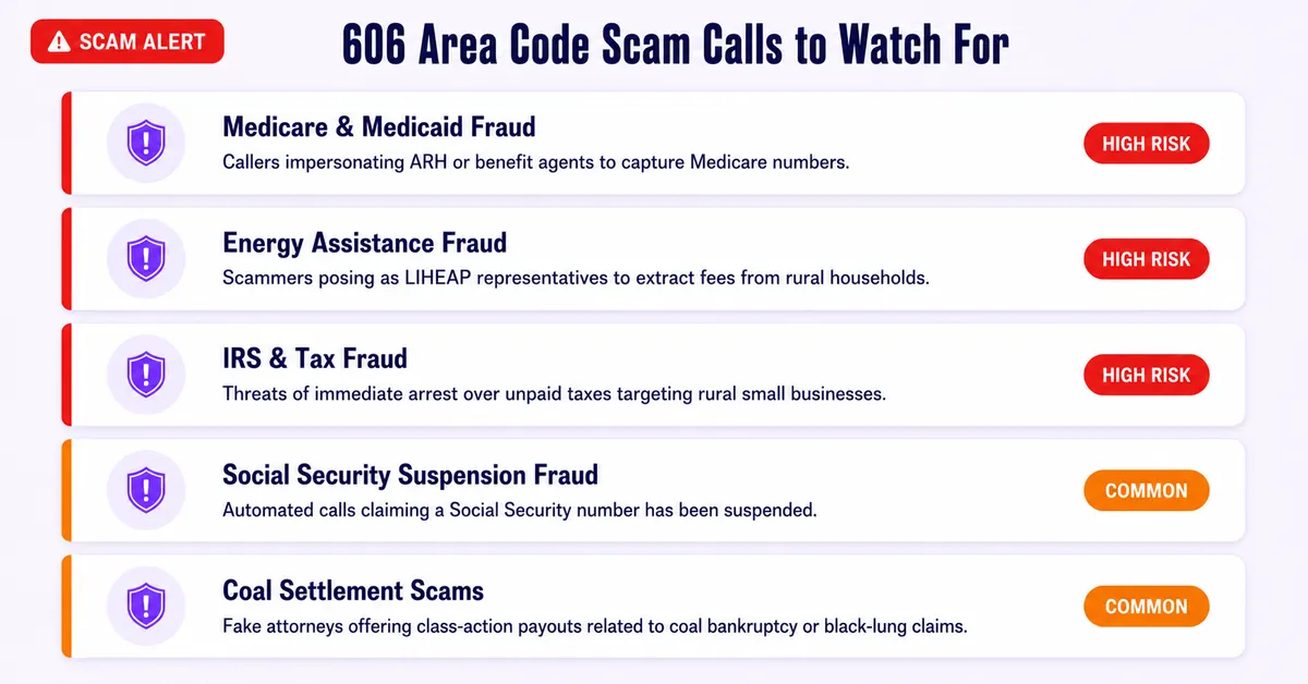 606 area code scam calls to watch for infographic showing Medicare fraud, energy assistance fraud, IRS threats, Social Security fraud, and coal settlement scams on a white background