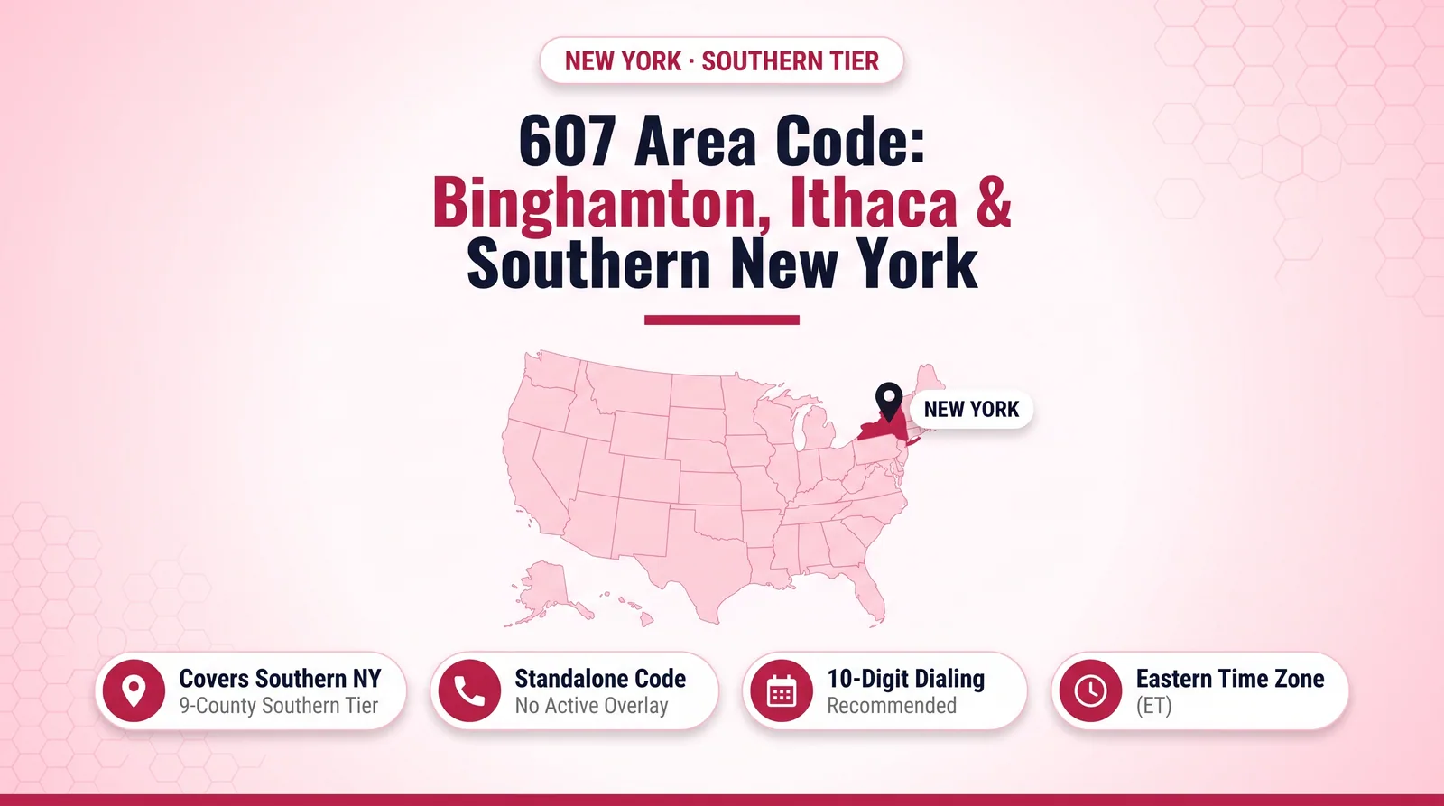 607 area code hero infographic for Binghamton, Ithaca, and New York's Southern Tier