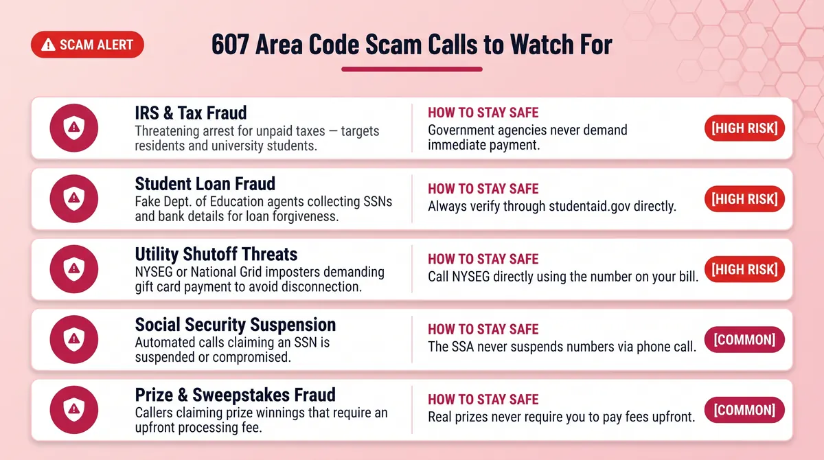 607 area code scam calls to watch for infographic showing IRS fraud, student loan scams, utility shutoff fraud, Social Security fraud, and prize scams on a white background