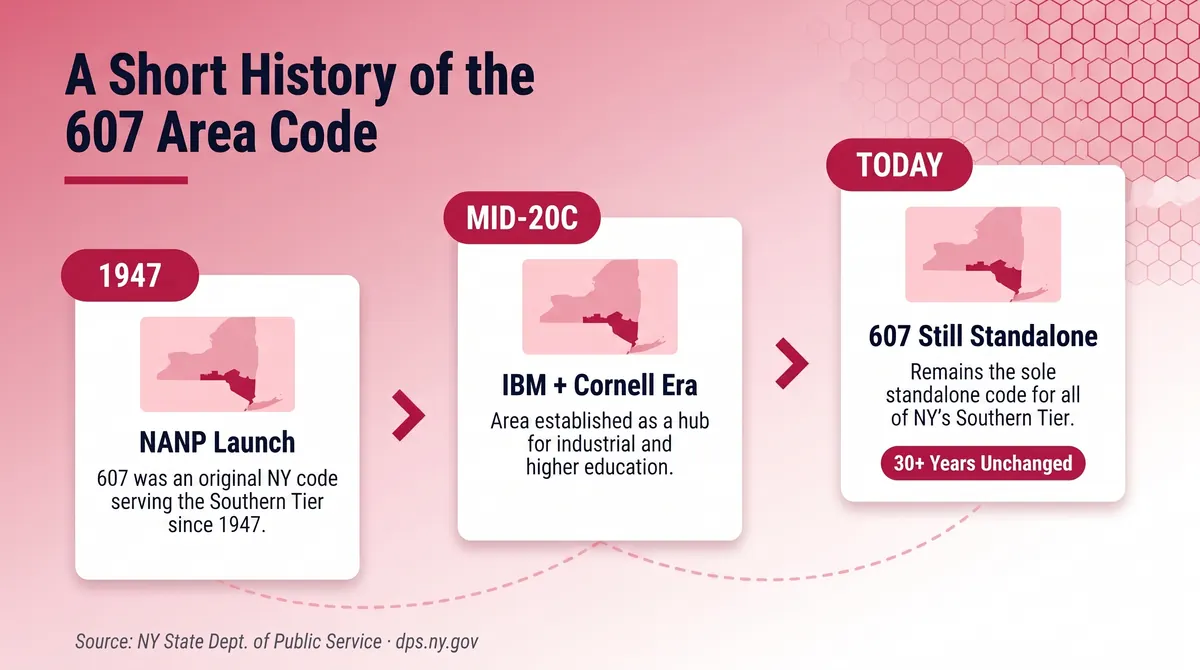 A short history of the 607 area code infographic showing its 1947 NANP origins and continued standalone service across New York's Southern Tier