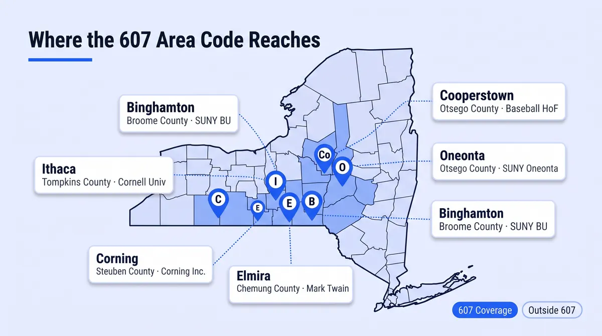 Cities in the 607 area code infographic showing Binghamton, Ithaca, Elmira, Corning, Oneonta, and surrounding southern New York communities on a county map