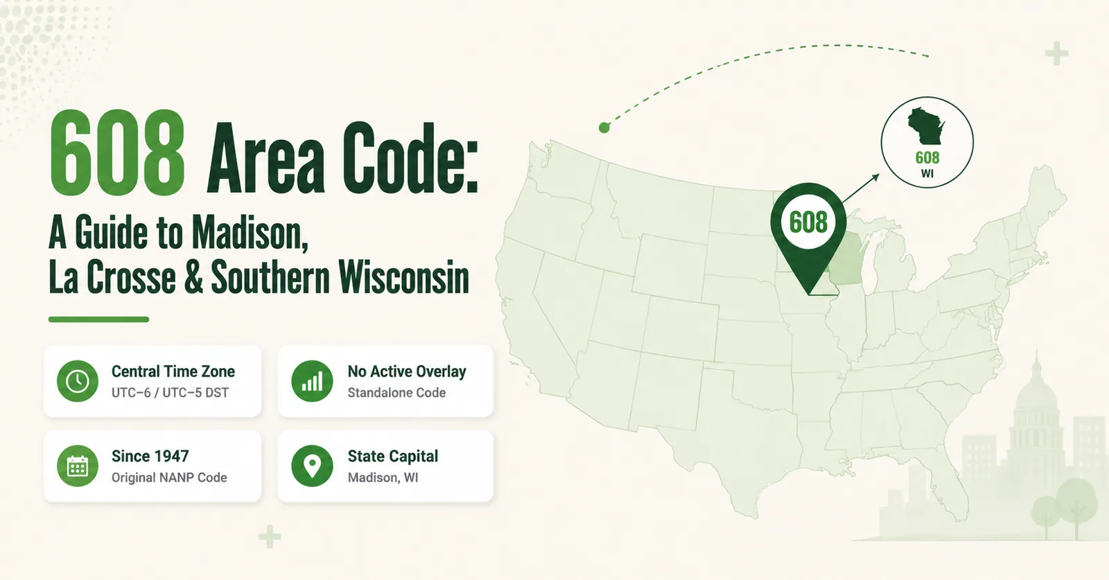 608 area code hero infographic for Madison, La Crosse, and southern Wisconsin
