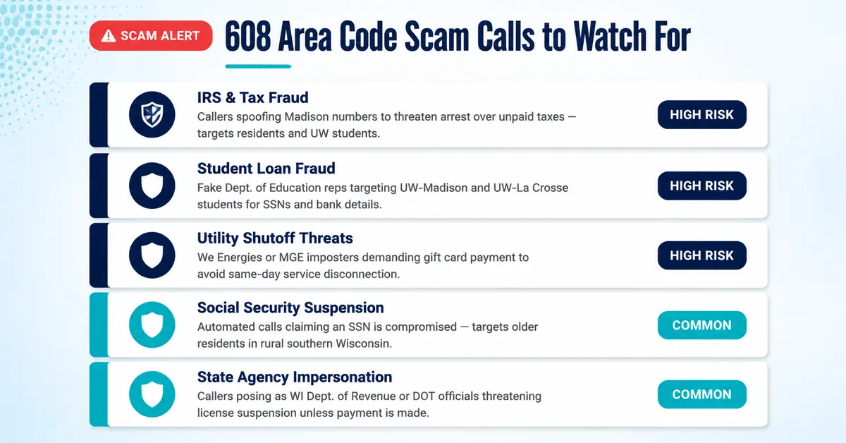 608 area code scam calls to watch for infographic showing IRS fraud, student loan scams, utility shutoff threats, Social Security fraud, and state agency impersonation on a white background