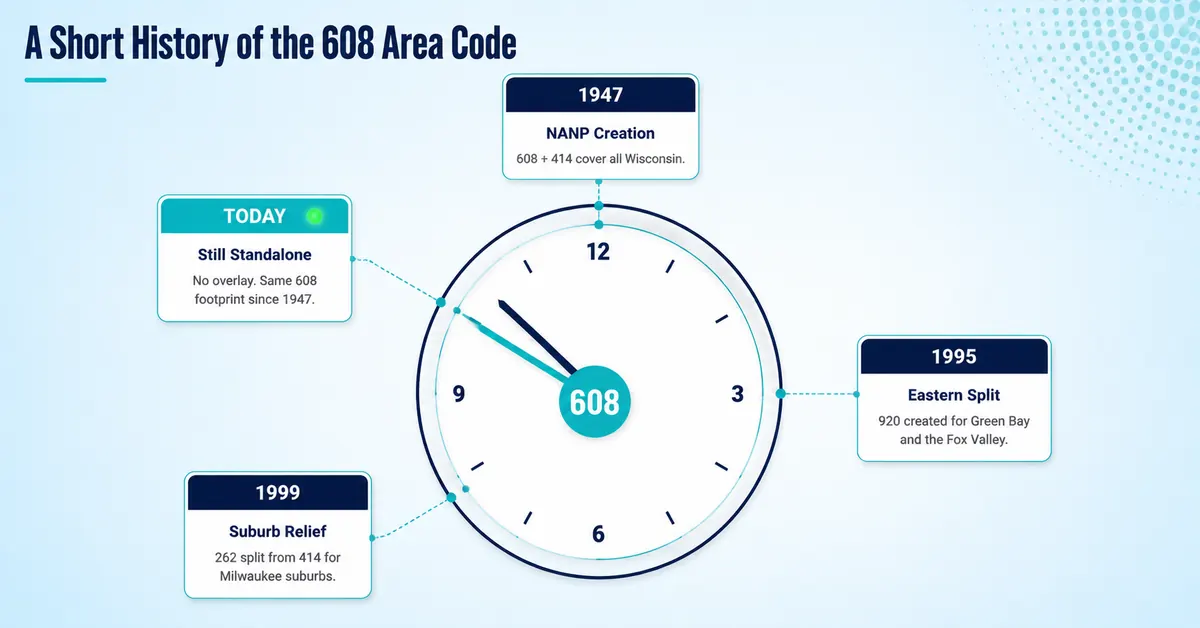 A short history of the 608 area code infographic showing key milestones from its 1947 NANP origins through Wisconsin's area code reorganizations to its continued standalone service today