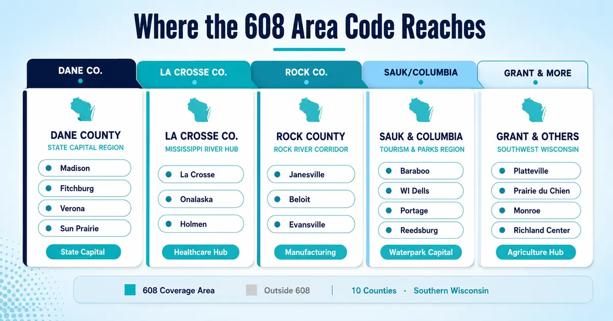 Cities in the 608 area code infographic showing Madison, La Crosse, Janesville, Beloit, Wisconsin Dells, Baraboo, and surrounding southern Wisconsin communities on a county map