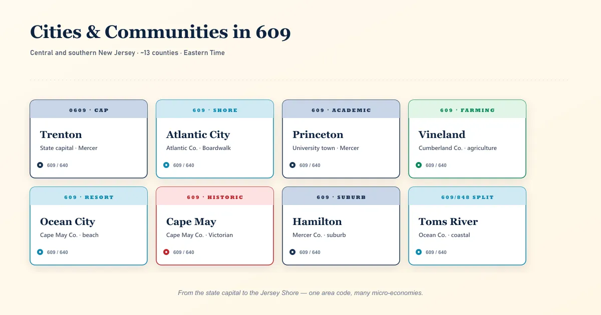 Cities covered by the 609 area code shown as a grid of postcard-stamp cards — Trenton the state capital, Atlantic City the shore boardwalk, Princeton the university town, Vineland the agricultural hub, Ocean City the beach resort, Cape May the Victorian town, Hamilton the Mercer County suburb, and Toms River the coastal community, each card a different colour-coded category