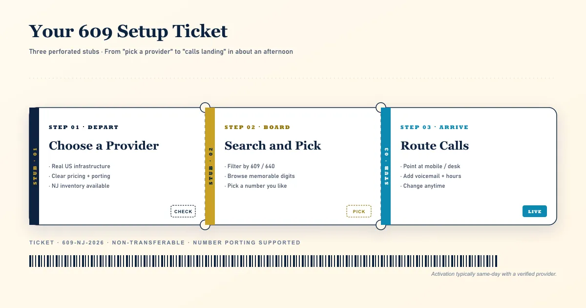 Three-step ticket-stub style guide to getting a 609 New Jersey virtual phone number — step one Depart, choose a provider with clear pricing and inventory in the New Jersey numbering area; step two Board, search the available 609 numbers and pick a memorable digit pattern; step three Arrive, configure call routing pointing the number at a cell phone office line or IVR menu, with a barcode-style footer
