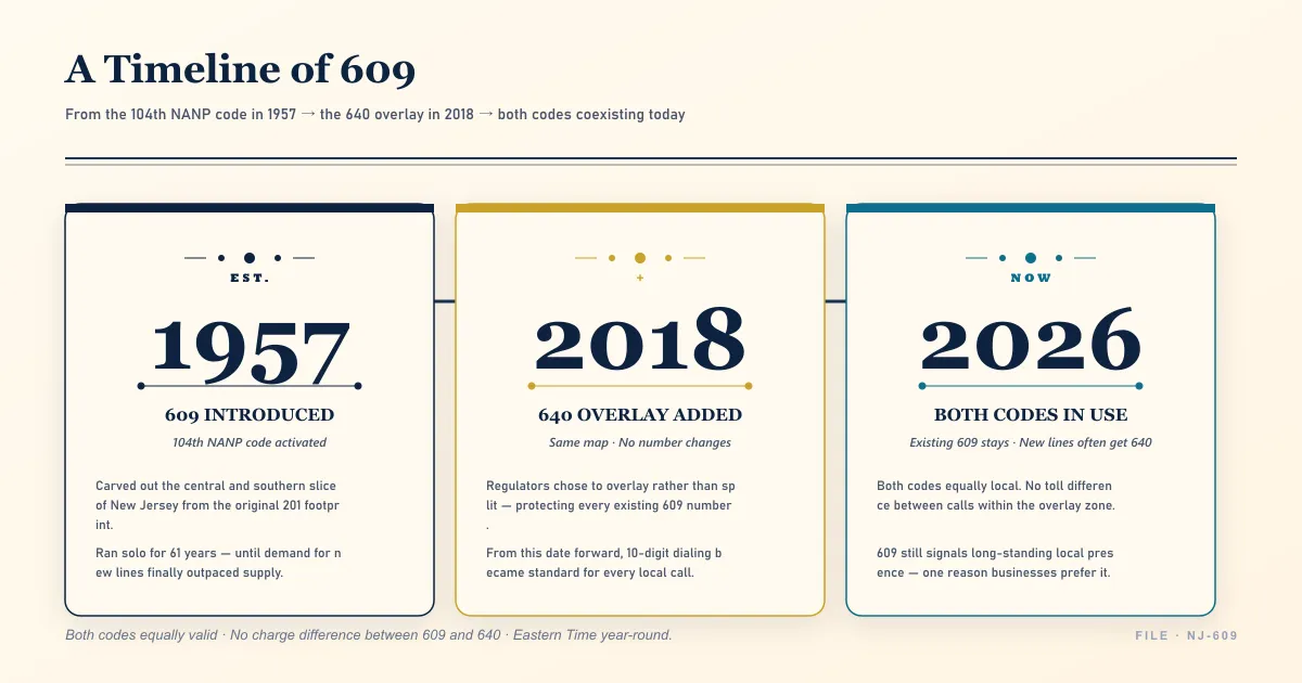 Horizontal almanac-page timeline of the 609 area code shown as three big year columns — 1957 when the 609 was introduced as the 104th NANP code carving the central and southern slice out of the original 201 footprint, 2018 when the 640 overlay was added on the same map with mandatory 10-digit dialing, and 2026 today where both codes coexist with existing 609 numbers unchanged and new lines often assigned 640 — connected by a navy ribbon with year-anchor dots