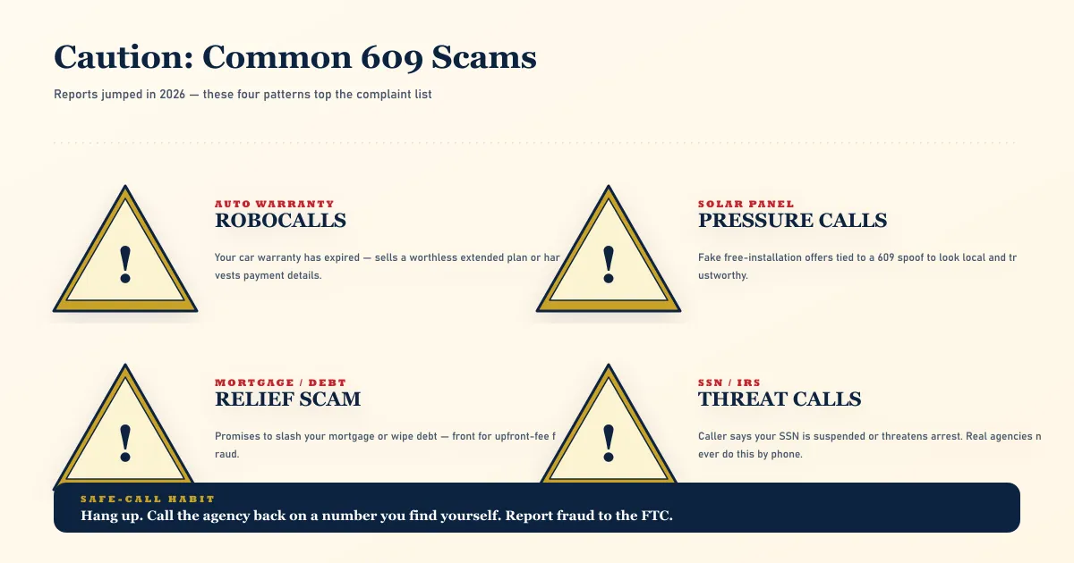 Four top scam patterns spoofing the 609 area code shown as yellow road-sign warning triangles — auto warranty robocalls, solar panel pressure calls, mortgage and debt relief fraud, and Social Security threat calls, each marked with the caution exclamation point and a brief description, plus a dark safe-call habit footer reminding readers to hang up and call agencies back on numbers they find themselves