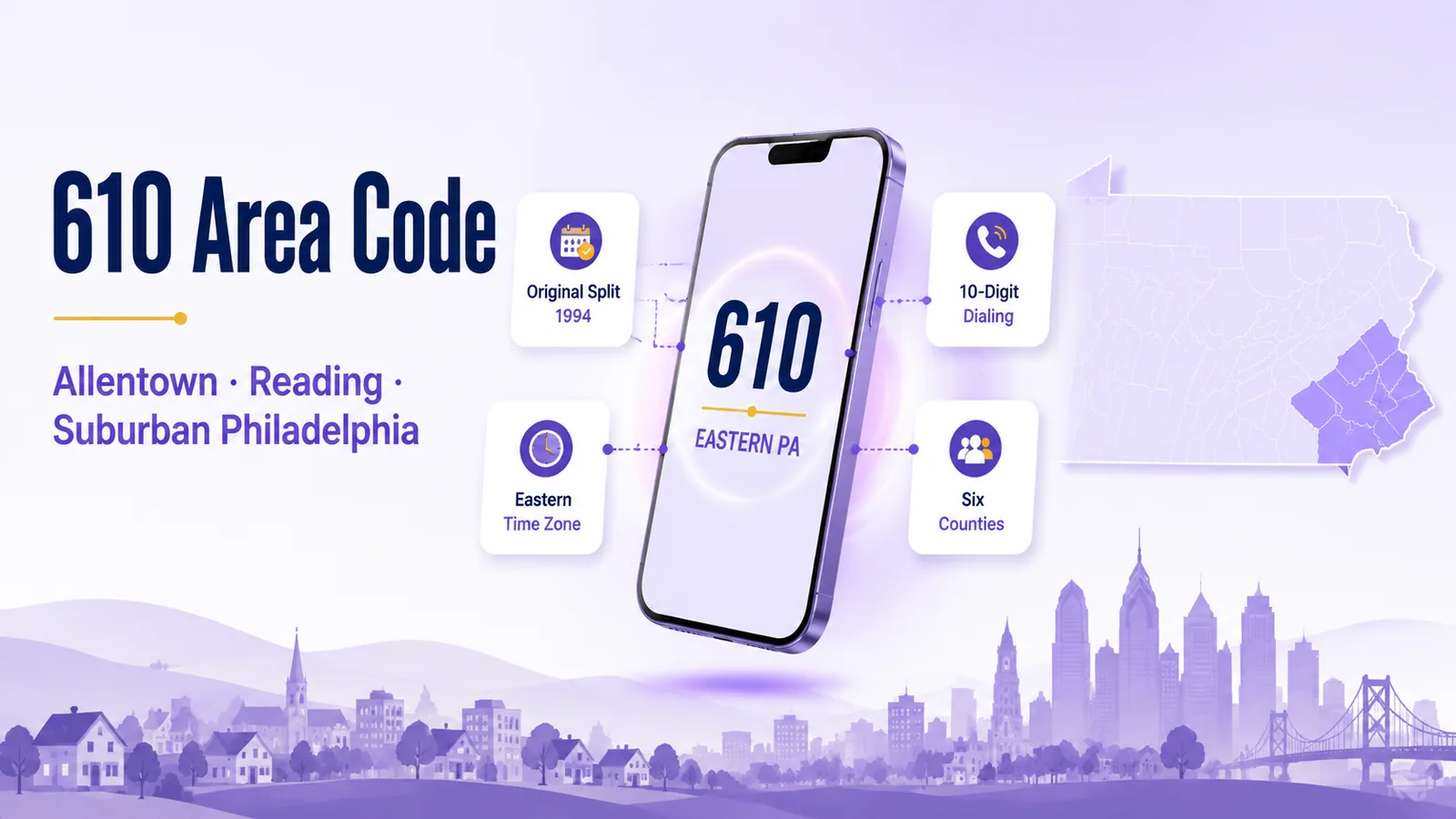 610 area code hero infographic for Allentown, Reading, and southeastern Pennsylvania
