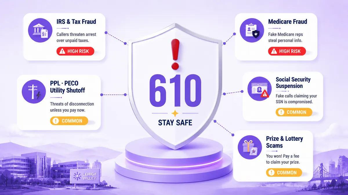 610 area code scam calls to watch for infographic showing IRS fraud, Medicare scams, utility shutoff threats, Social Security fraud, and prize scams on a white background