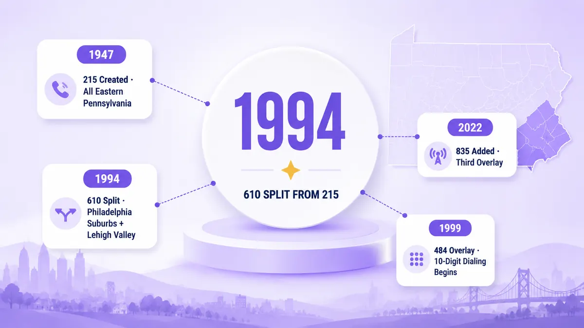 A short history of the 610 area code infographic showing key milestones from the 1994 split from 215 through the 484 overlay in 1999 and the 835 third overlay in 2022