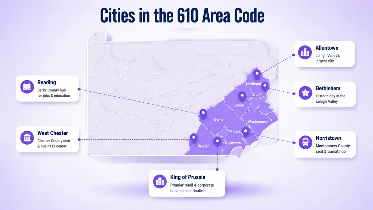 Cities in the 610 area code infographic showing Allentown, Bethlehem, Reading, West Chester, Norristown, and surrounding southeastern Pennsylvania communities on a county map