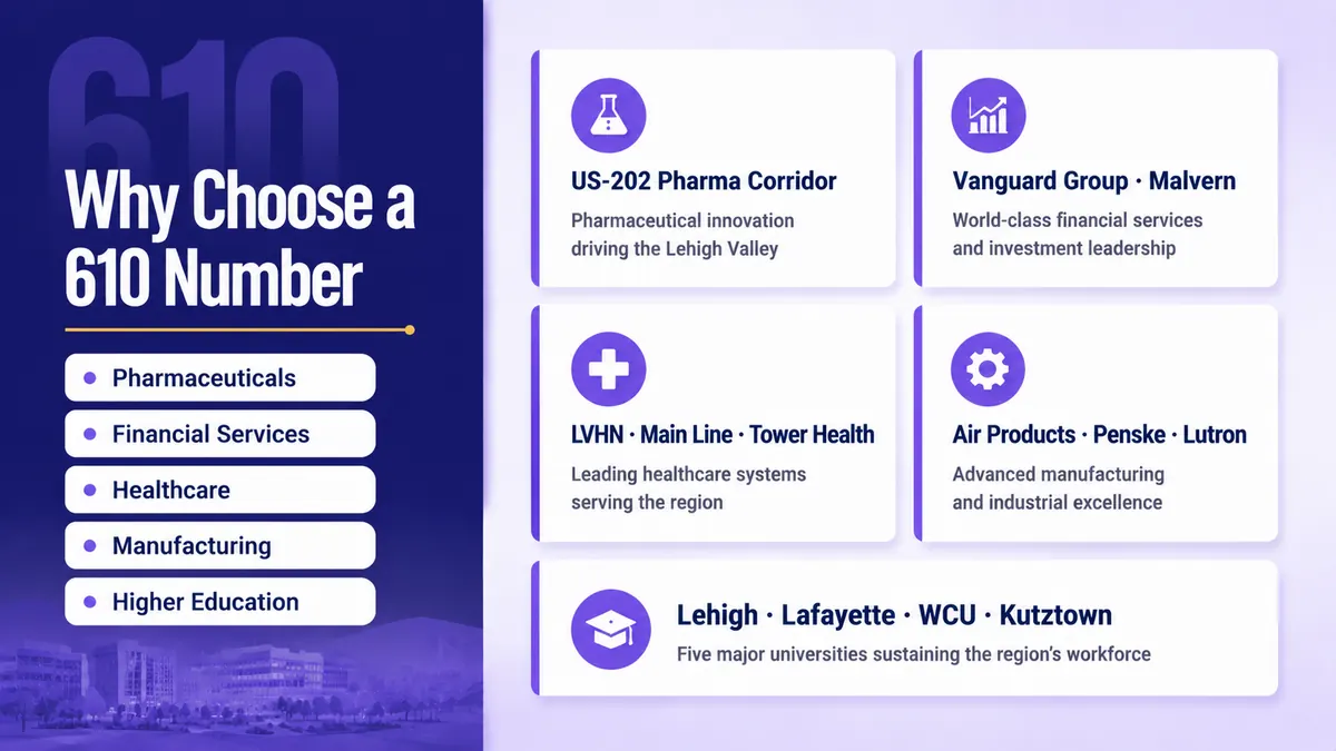Why a 610 number is good for business infographic highlighting pharmaceuticals, healthcare, financial services, specialty manufacturing, and higher education in southeastern Pennsylvania