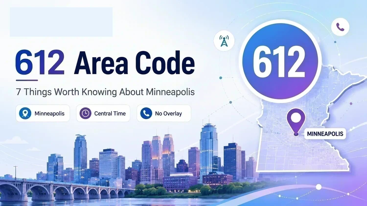 612 Area Code — 7 Things Worth Knowing About Minneapolis. Area Code Guide 2026. Minneapolis, Central Time, No Overlay. Minneapolis skyline + stone arch bridge. Minnesota state outline with 612 badge and Minneapolis pin.