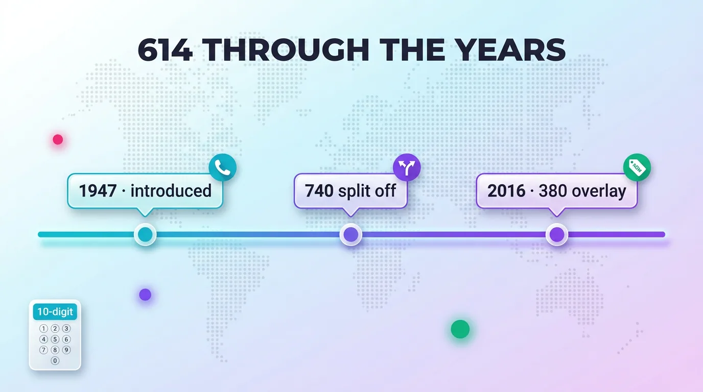 614 through the years timeline: 1947 introduced, 740 split off, 2016 380 overlay