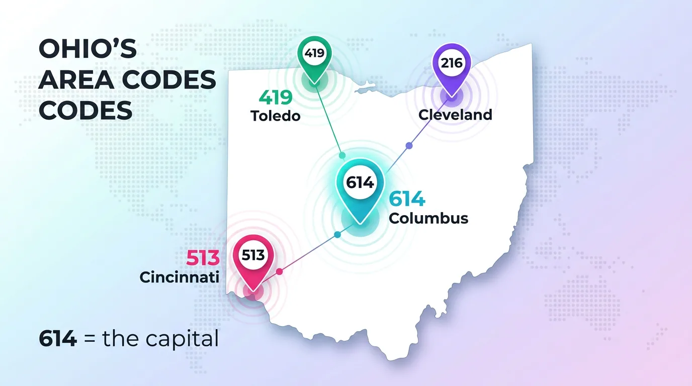 Ohio area codes map showing 614 Columbus the capital, 216 Cleveland, 513 Cincinnati, and 419 Toledo