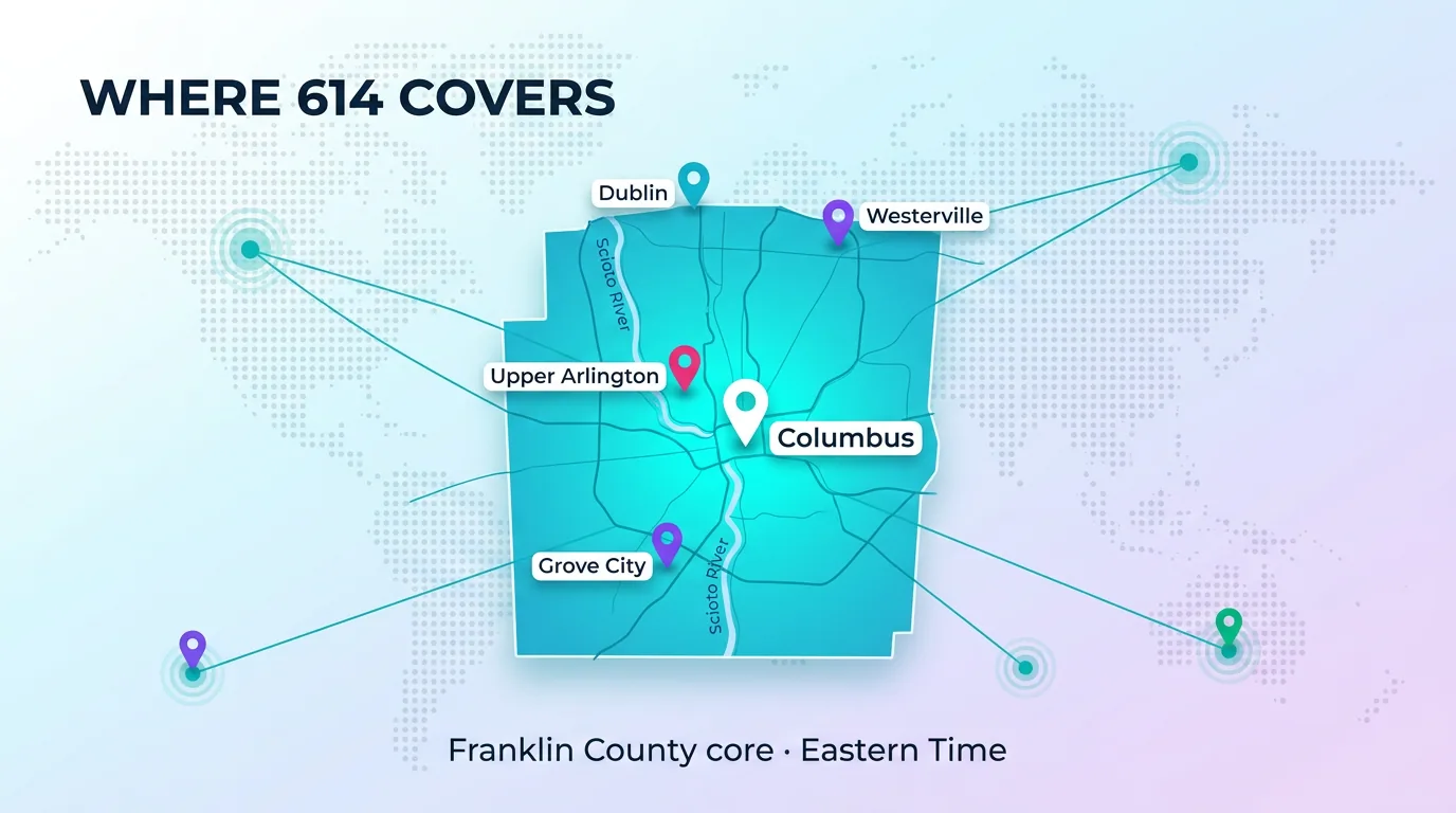 Map of where 614 covers, including Columbus, Dublin, Westerville, Upper Arlington, and Grove City in the Franklin County core