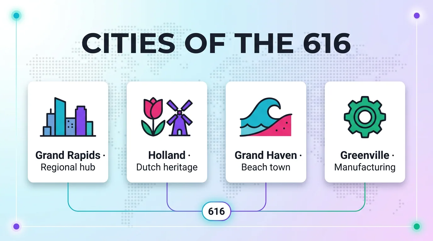 Cities of the 616 area code including Grand Rapids regional hub, Holland, Grand Haven, and Greenville