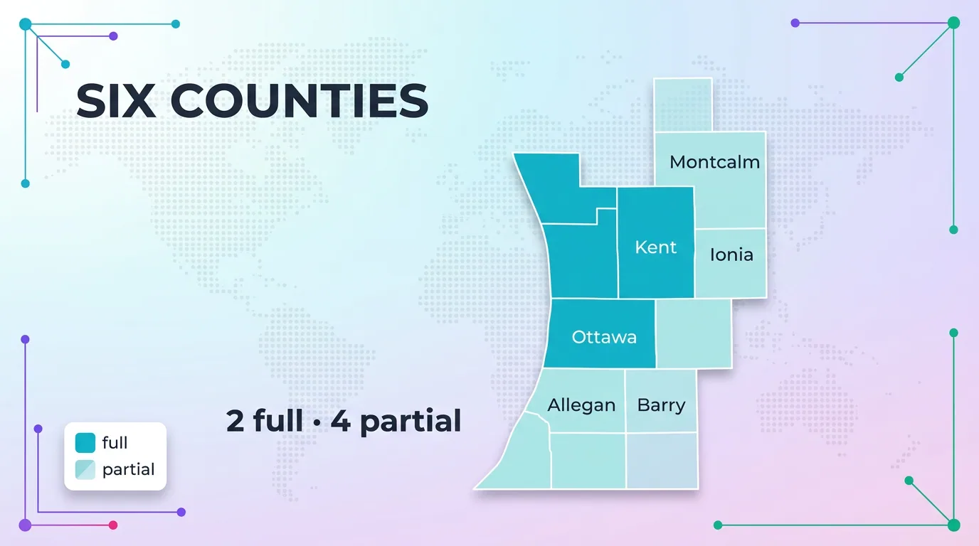 Six counties in the 616 region map, two full and four partial, including Kent and Ottawa