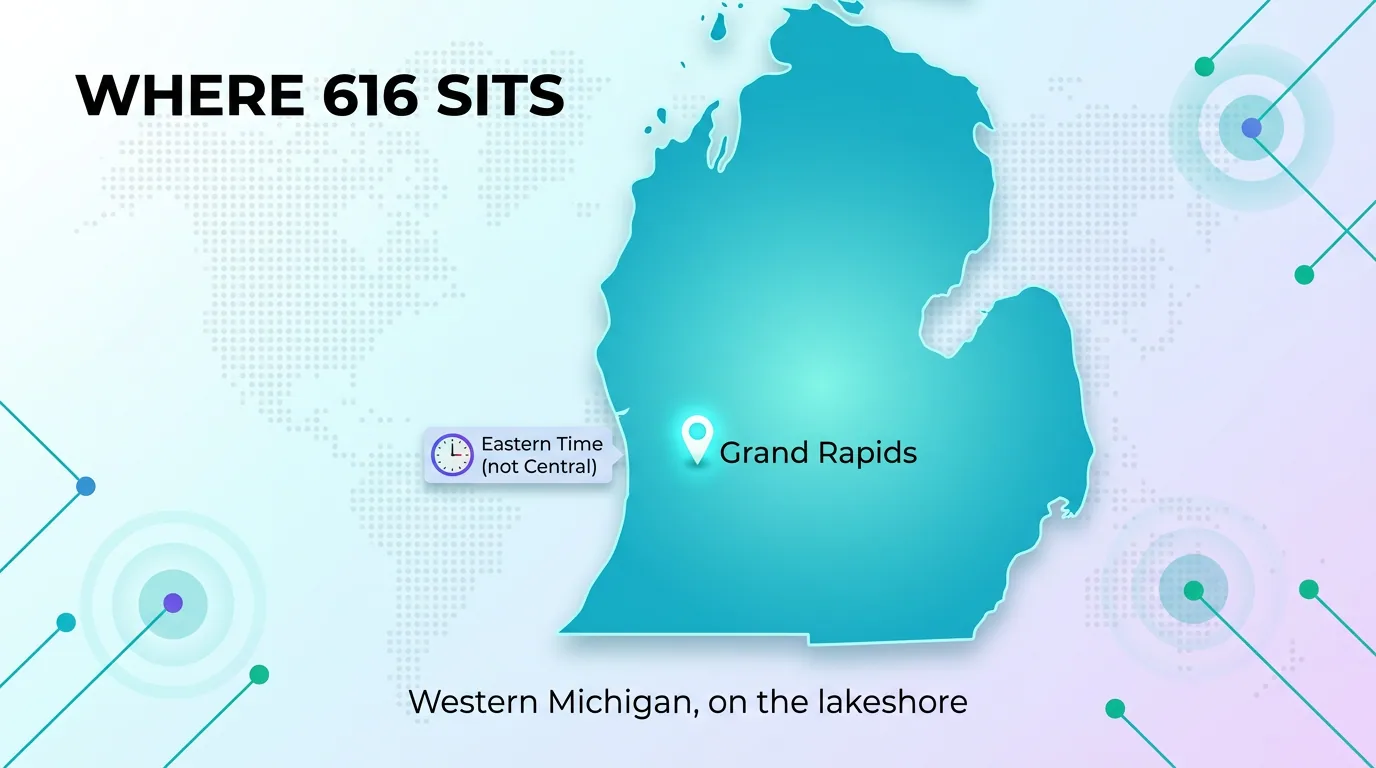 Map showing where the 616 area code sits in western Michigan near the lakeshore, on Eastern Time, centered on Grand Rapids
