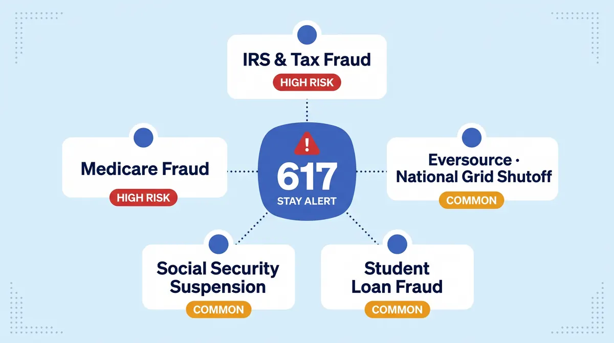 617 area code scam calls to watch for infographic showing IRS fraud, Medicare scams, Eversource utility shutoff threats, Social Security fraud, and student loan scams on a white background