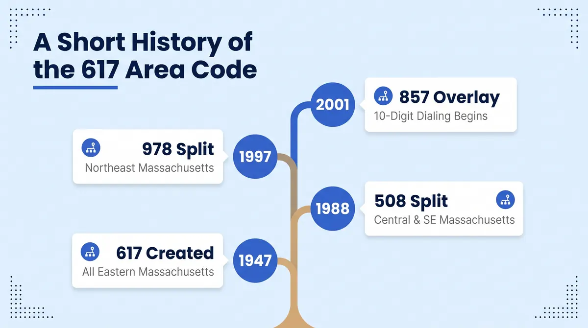 A short history of the 617 area code infographic showing key milestones from its 1947 NANP origins through the 508 split and the 857 overlay in 2001
