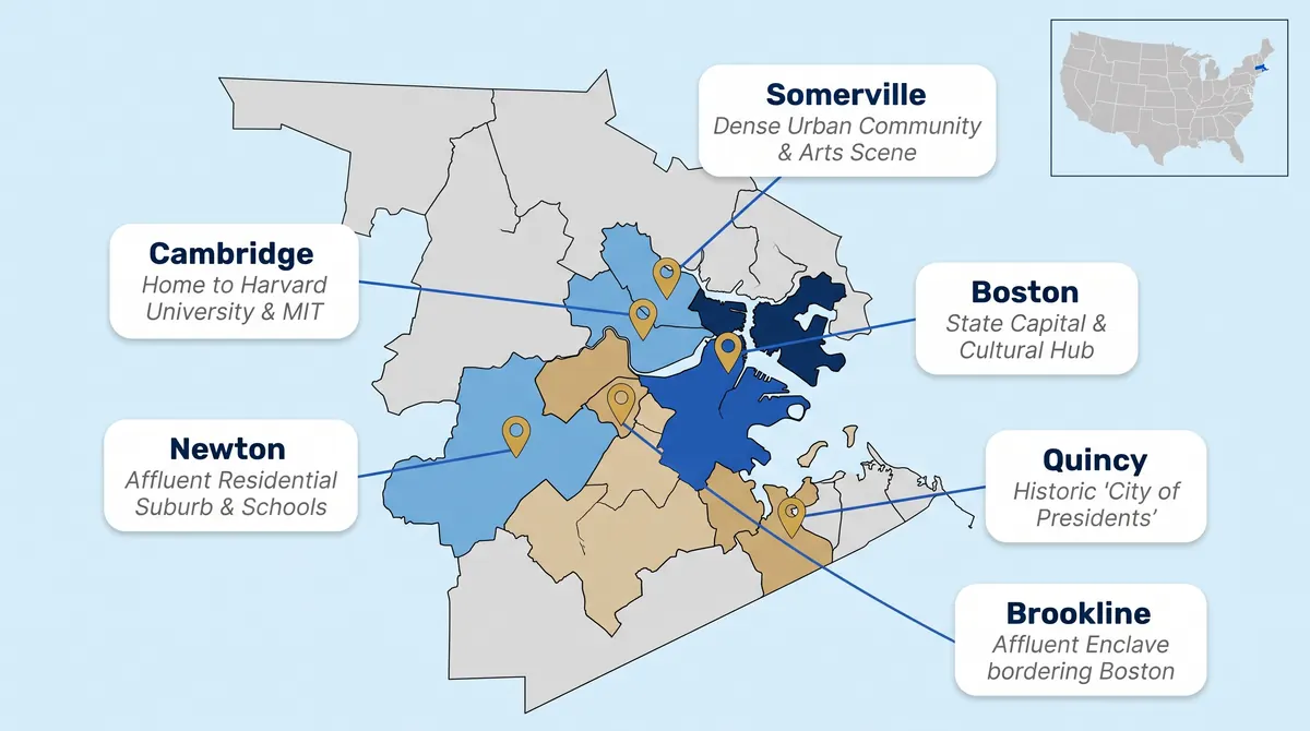 Cities in the 617 area code infographic showing Boston, Cambridge, Somerville, Newton, Quincy, and Brookline on a Suffolk and Middlesex county map