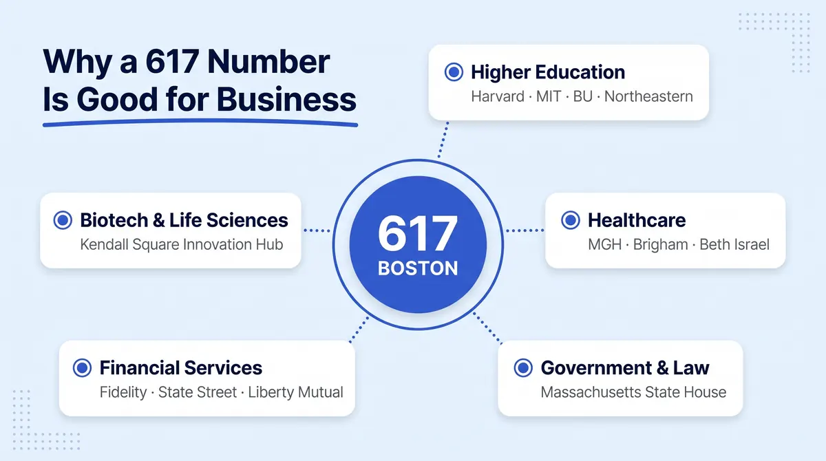 Why a 617 number is good for business infographic highlighting higher education, biotech and life sciences, healthcare, financial services, and government in Greater Boston