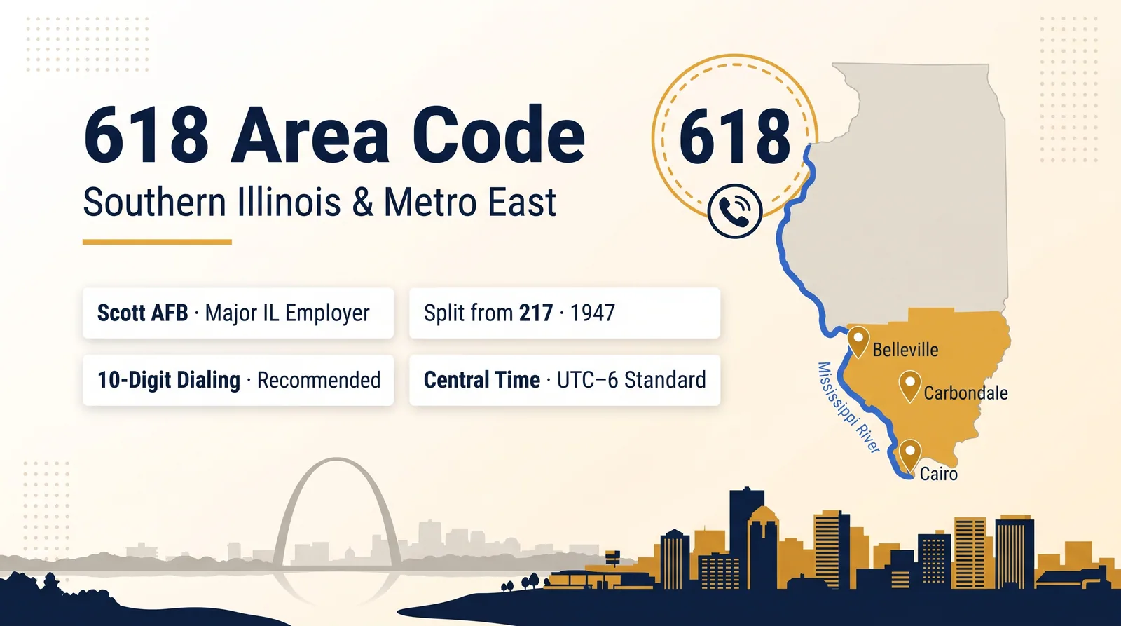 618 area code hero infographic for Belleville, Carbondale, and southern Illinois