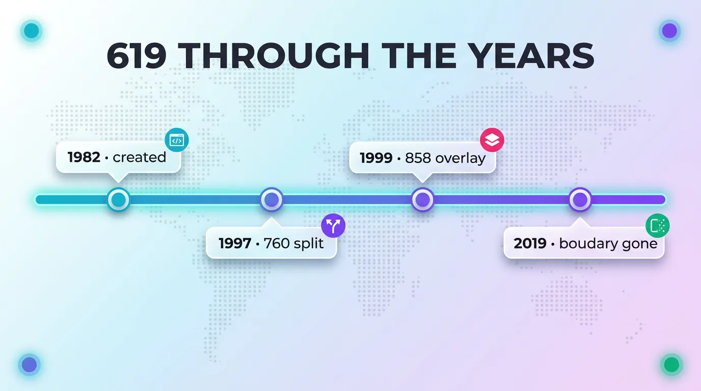 Timeline of the 619 area code through the years, from 1982 to 2019
