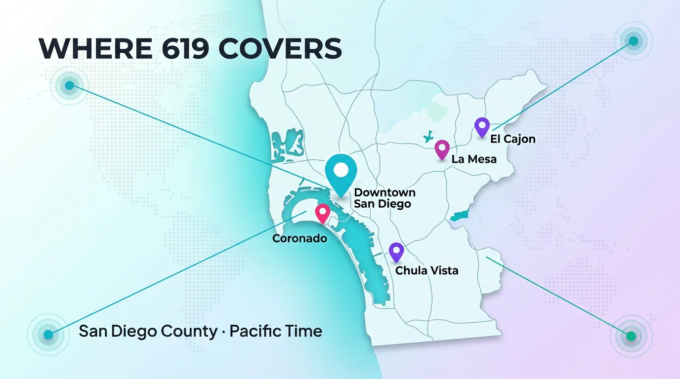 Map of where the 619 area code covers across San Diego County
