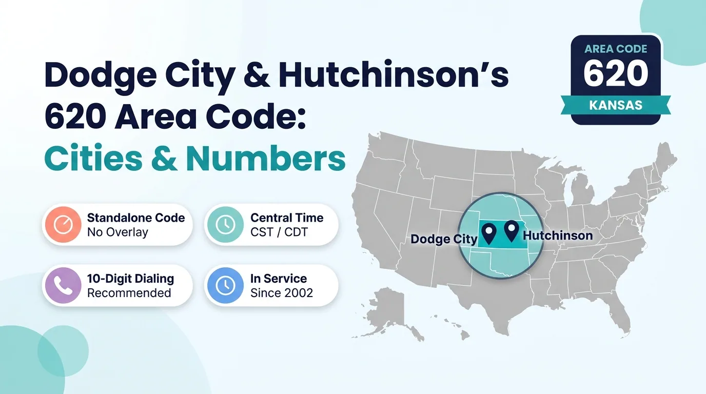 620 area code hero infographic for Dodge City, Hutchinson, and southern Kansas