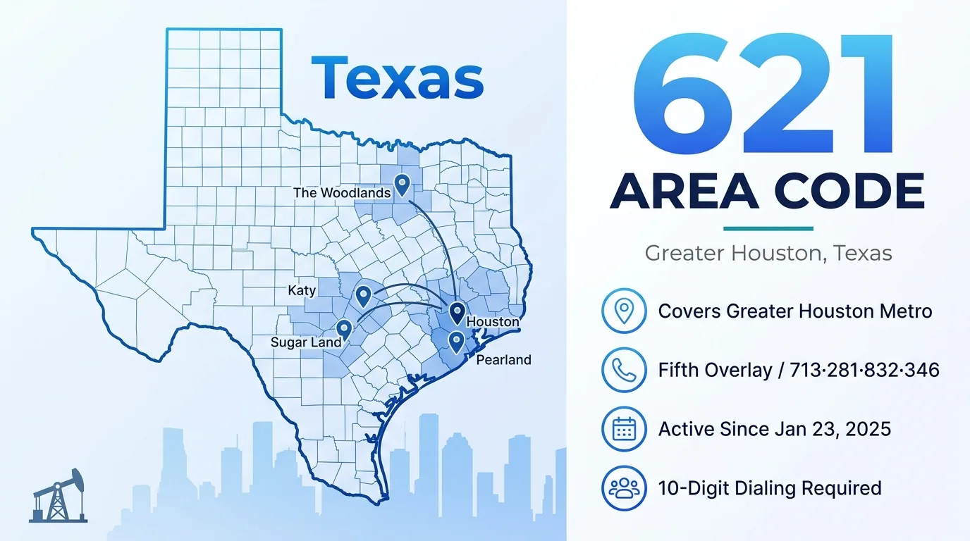 621 area code hero infographic for Houston, Katy, The Woodlands, and Pearland Texas