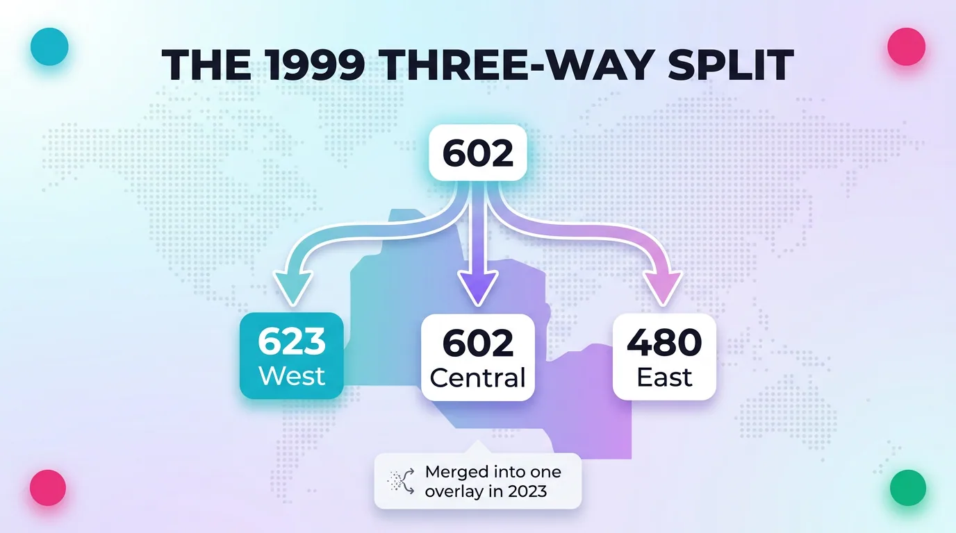 Diagram of the 1999 three-way split of Arizona area code 602 into 623, 602, and 480
