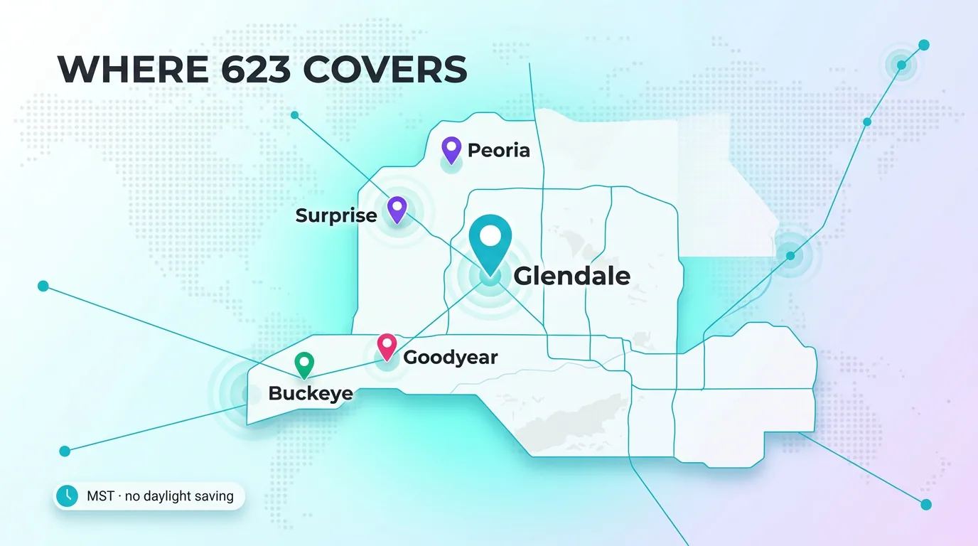Map of West Valley cities the 623 area code covers around Glendale