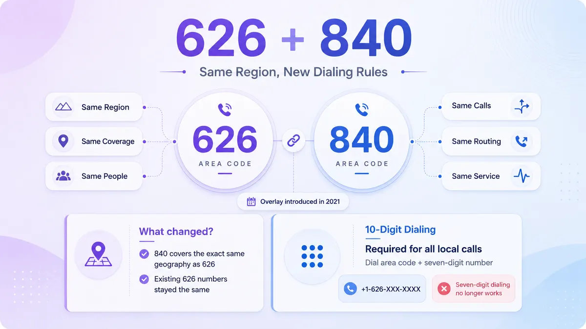 626 + 840 — same region, new dialing rules. 10-digit dialing required for all local calls in the San Gabriel Valley since the 840 overlay went live in 2021