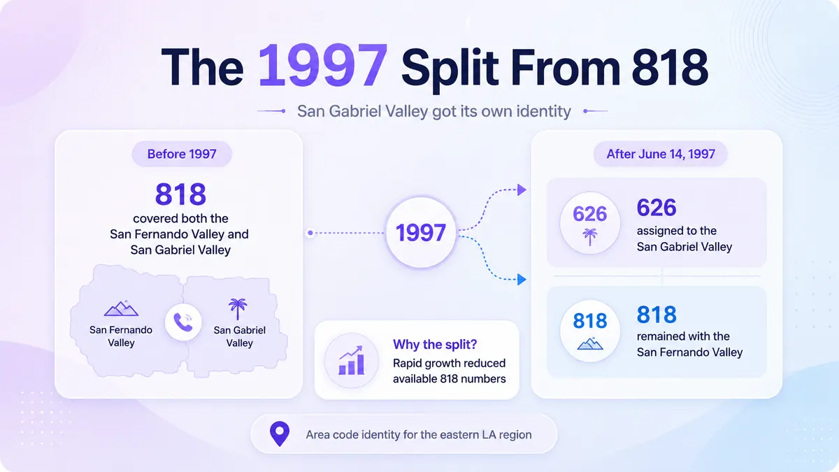 1997 split from 818 — area code 626 was assigned to the San Gabriel Valley while 818 stayed with the San Fernando Valley. Why the split: rapid growth reduced available 818 numbers
