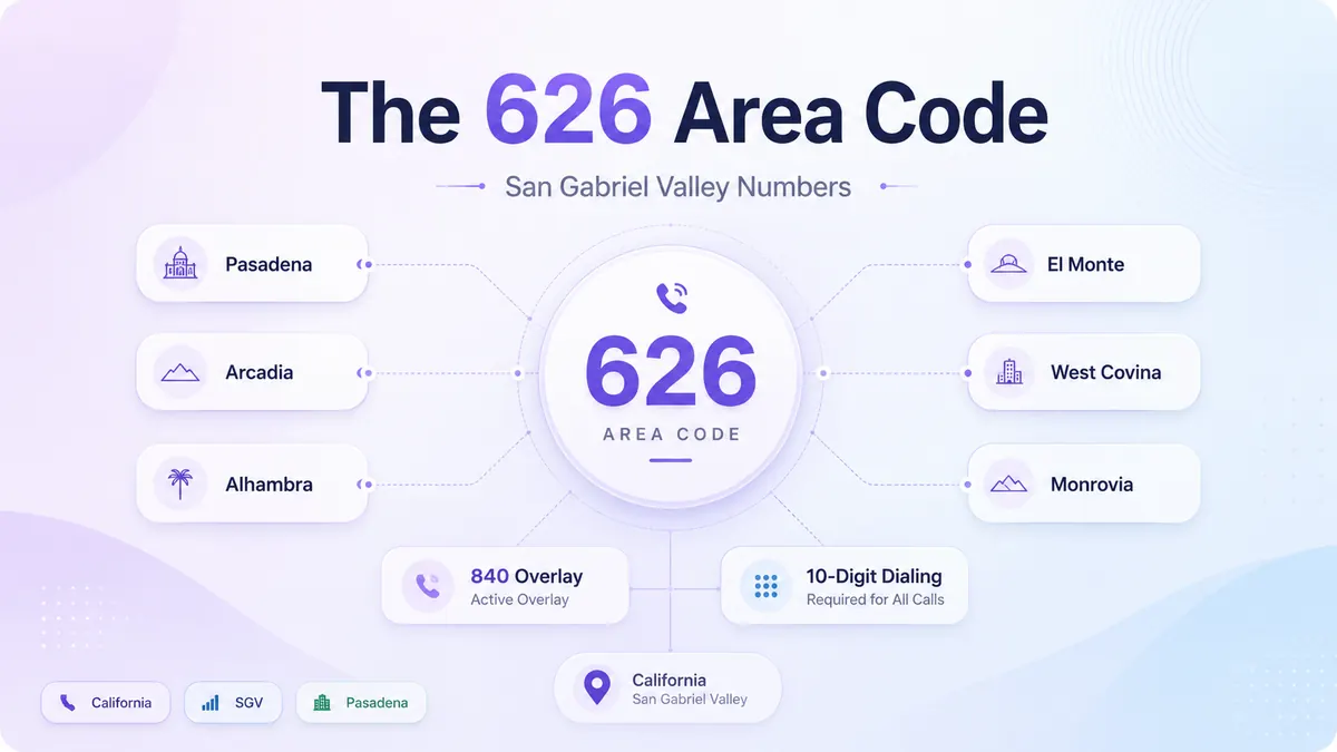 The 626 area code — San Gabriel Valley numbers. Pasadena, Arcadia, Alhambra, El Monte, West Covina, Monrovia. 840 overlay active. 10-digit dialing required for all calls.