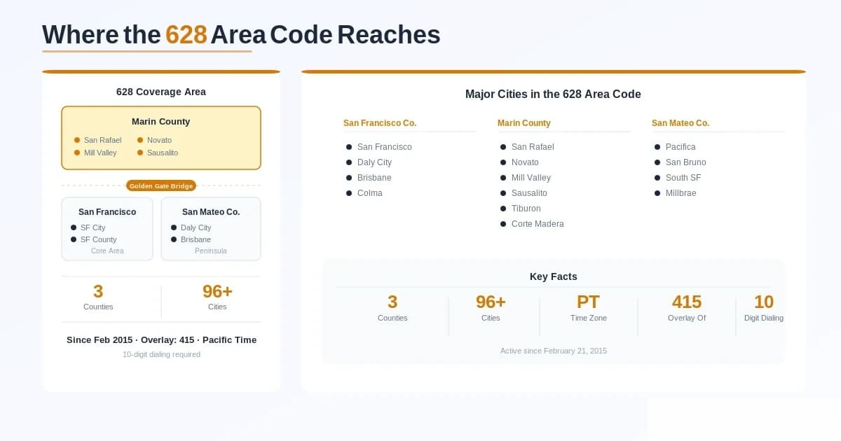 Map of 628 area code coverage across San Francisco, most of Marin County, and a small northeastern corner of San Mateo County, with far northwest Marin excluded and served by 707 instead