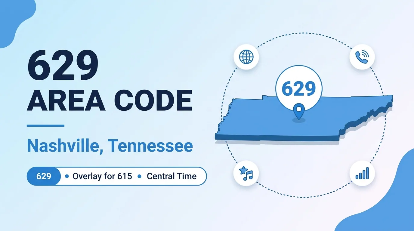 629 area code hero infographic for Nashville, Murfreesboro, Franklin, and the Tennessee metro