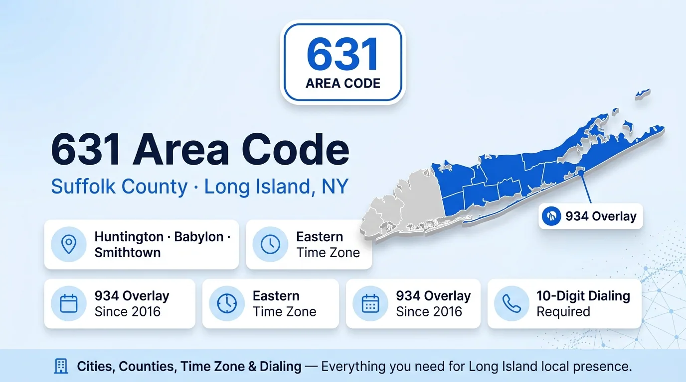 631 area code hero infographic for Huntington, Babylon, and Suffolk County on Long Island, New York
