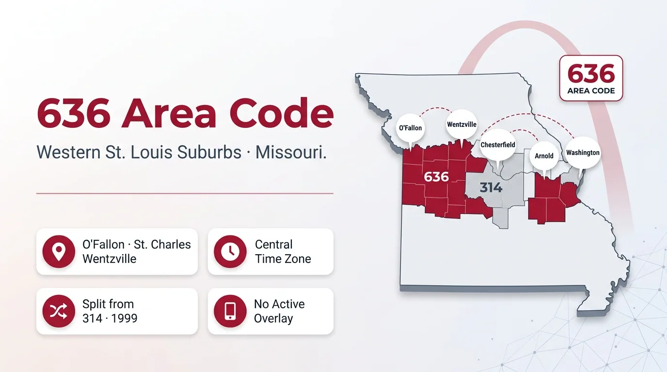 636 area code hero infographic for O'Fallon, St. Charles, Wentzville, and Chesterfield in the western St. Louis suburbs of Missouri