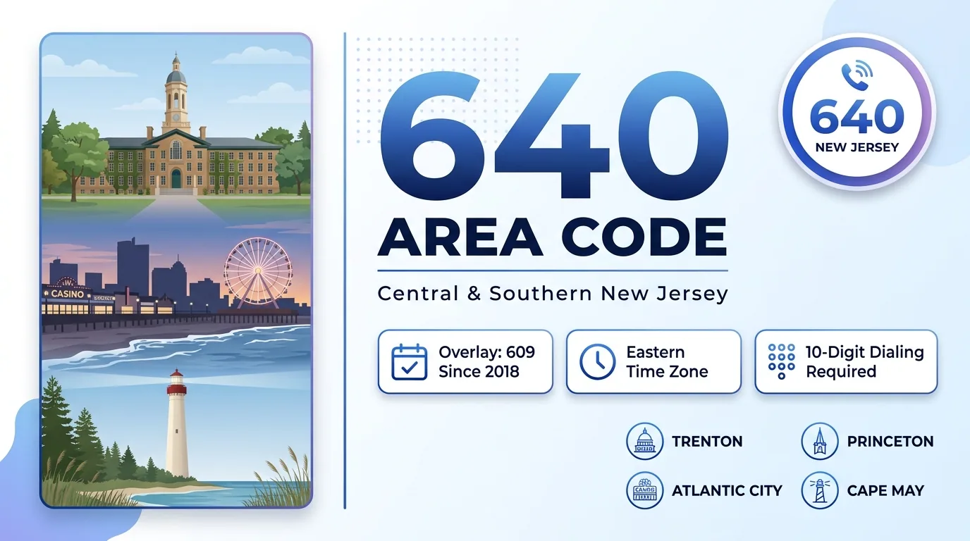 640 area code hero infographic for Trenton, Princeton, Atlantic City, and Toms River in central and southern New Jersey