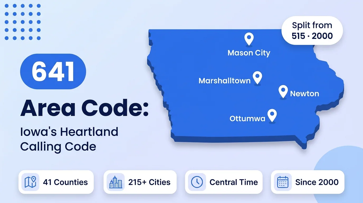 641 area code hero infographic for Mason City, Marshalltown, Ottumwa, and Newton in central and south-central Iowa