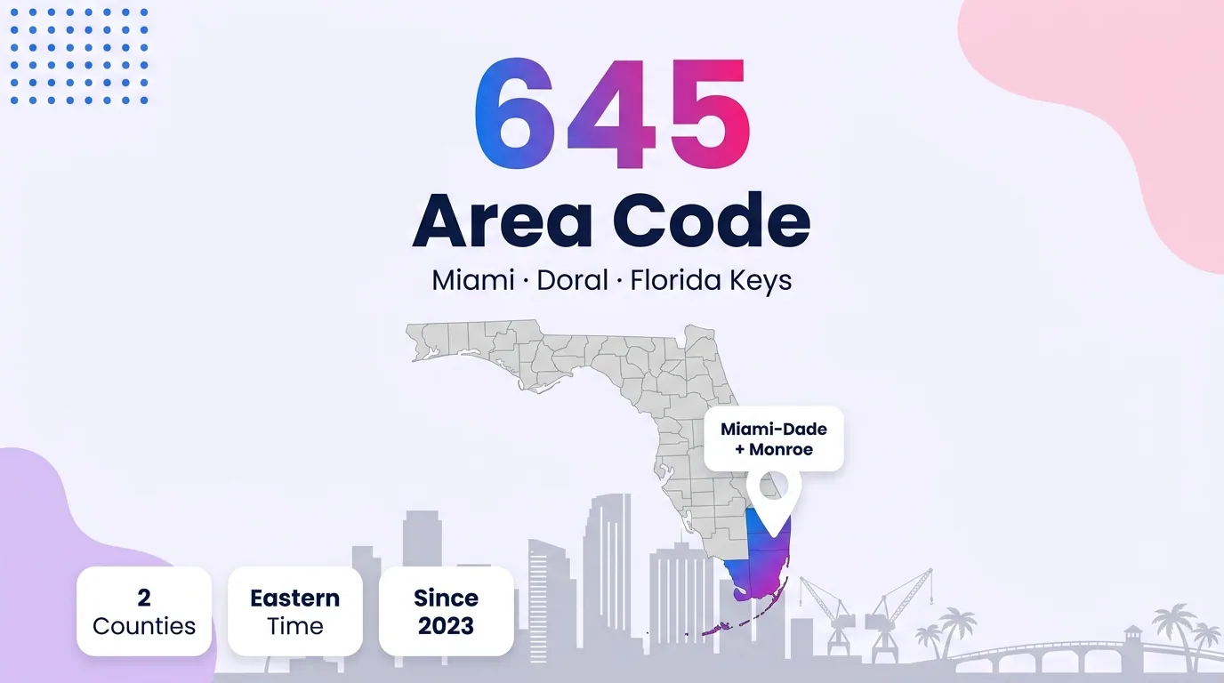 645 area code hero infographic for Miami, Hialeah, Miami Beach, Doral, and the Florida Keys in Miami-Dade and Monroe counties, south Florida