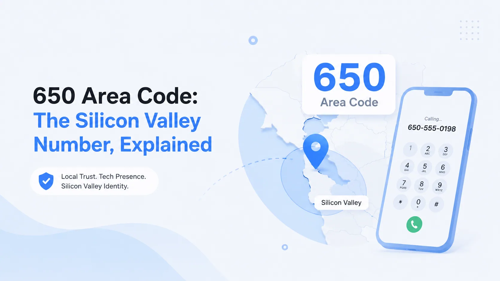 650 area code infographic showing the San Francisco Peninsula corridor with Palo Alto, Mountain View, Menlo Park, and Stanford on a stylised map of Silicon Valley