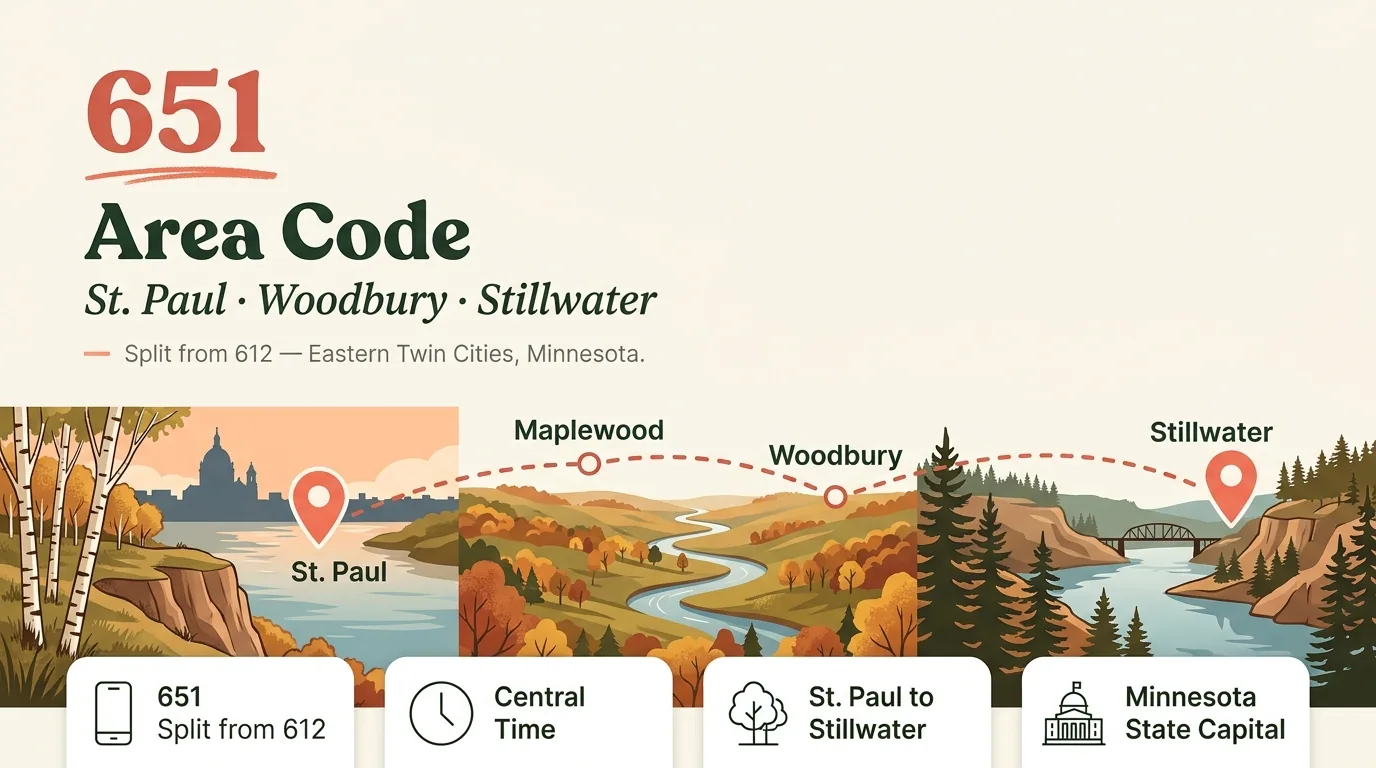 651 area code hero infographic for St. Paul, Woodbury, Eagan, Roseville, and Stillwater in the eastern Twin Cities, Minnesota