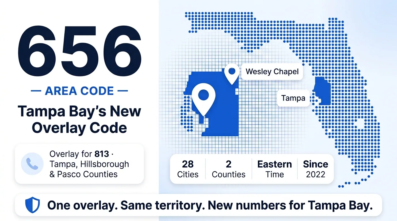 656 area code hero infographic for Tampa, Brandon, Wesley Chapel, Riverview, and Plant City in Hillsborough and Pasco counties, west-central Florida