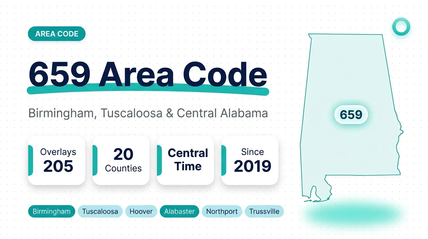 659 area code hero infographic for Birmingham, Tuscaloosa, Hoover, Alabaster, Northport, and Trussville in Jefferson, Tuscaloosa, and Shelby counties, central Alabama